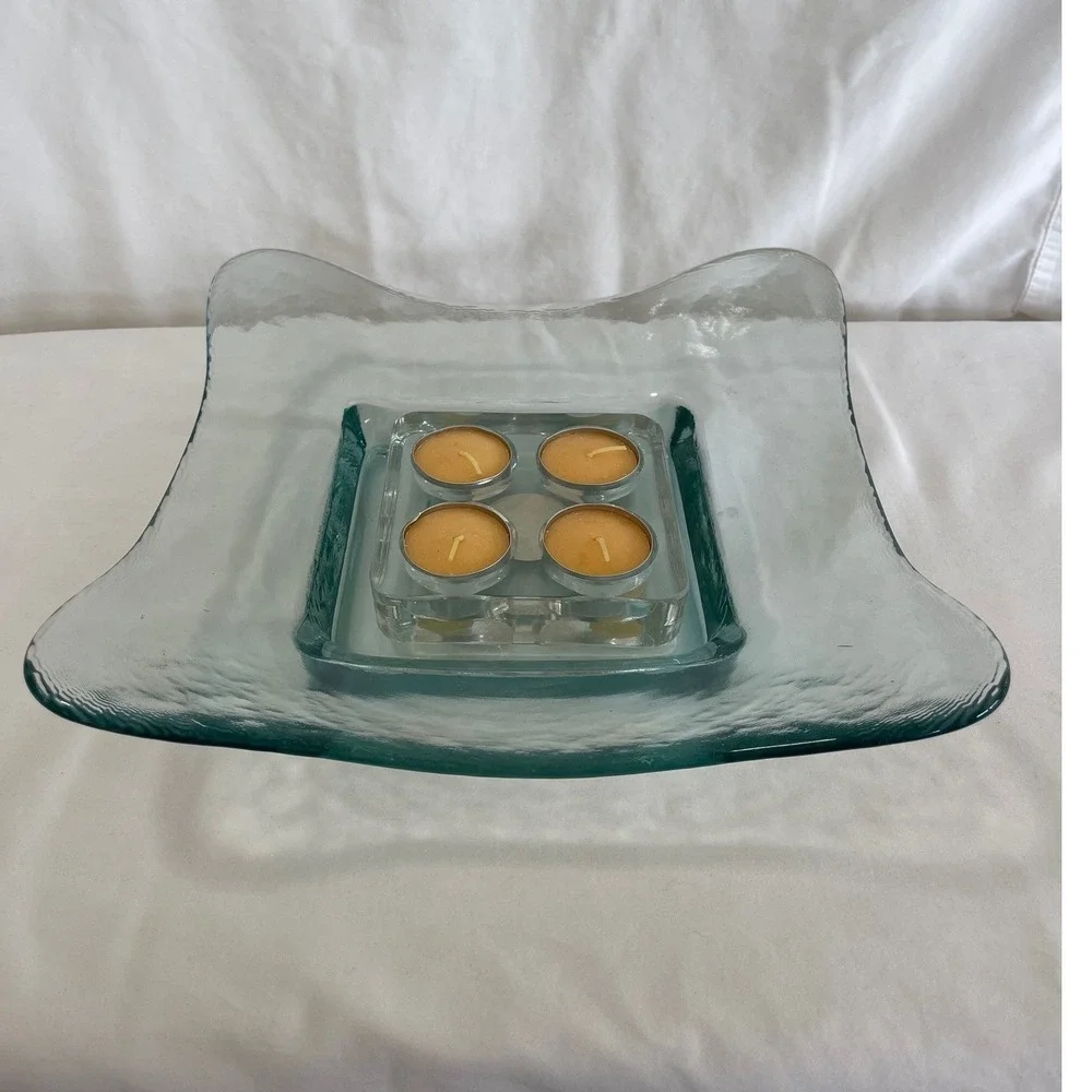 Hand Blown Slumped Glass Tealight Candle Holder Set Seafoam Blue Green 2 Piece